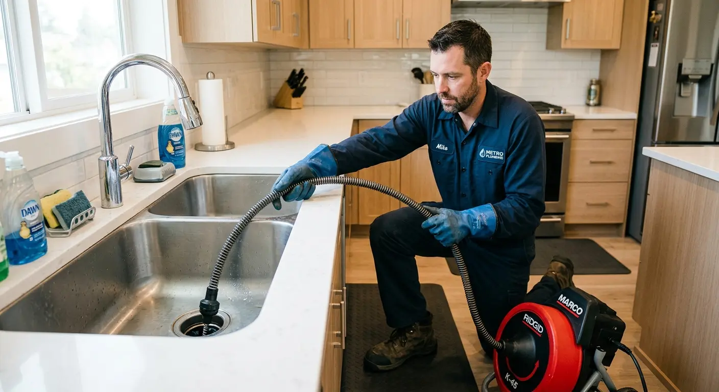 Drain cleaning technician using a motorized snake on a kitchen sink in Waterford