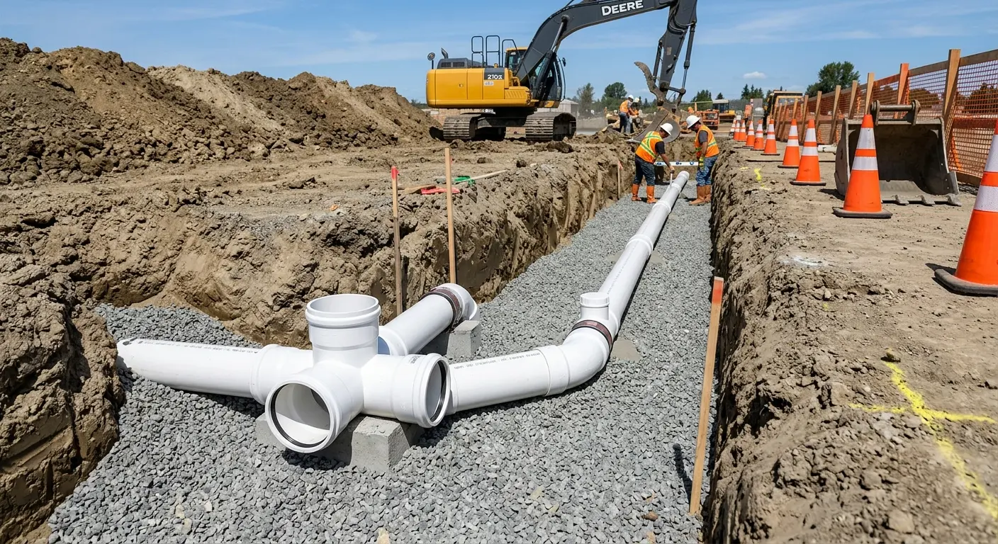 New PVC sewer pipe installation in open trench for Sewer Camera Inspection in Waterford